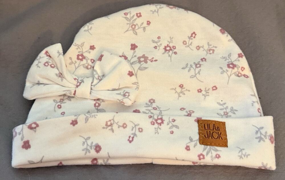 Lila & Jack New York Baby Girl Beanie Cap White w/Pink Flowers & Bow, One Size